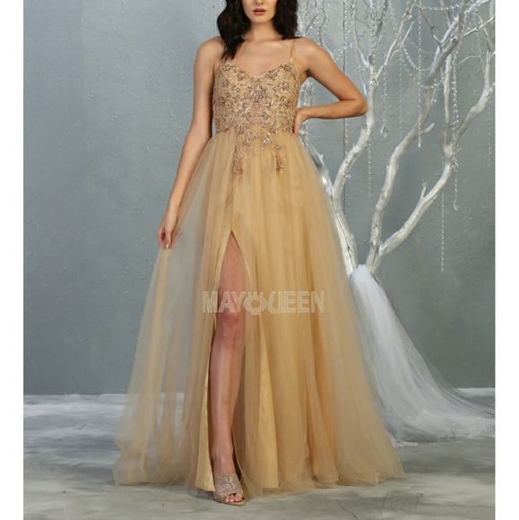 Designer gold,burgundy,dusty blue embellished bodice with leg slit - Picture 4 of 8